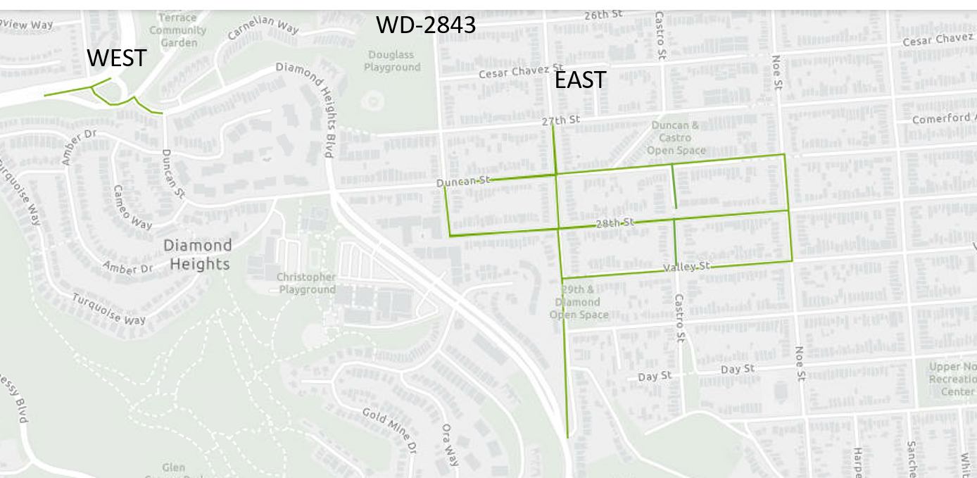 Map shows Portola Drive from 200 feet west of Clipper Street to 200 feet east of Clipper Street, Clipper Street from Portola Drive to Diamond Heights Boulevard, Diamond Heights Boulevard from Clipper Street to Duncan Street and Diamond Street from 27th Street to Diamond Heights Boulevard, 28th and Duncan streets from Douglass to Noe streets, Valley Street from Diamond to Noe streets, and Noe Street from Duncan to Valley streets