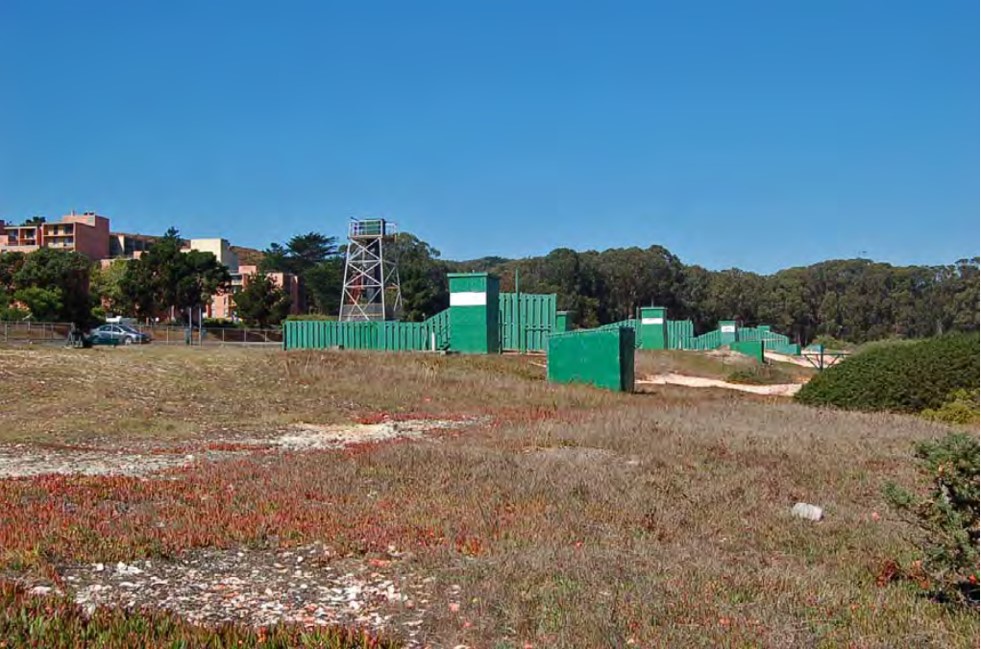 View of Lake Merced West site showing former skeet shooting platforms