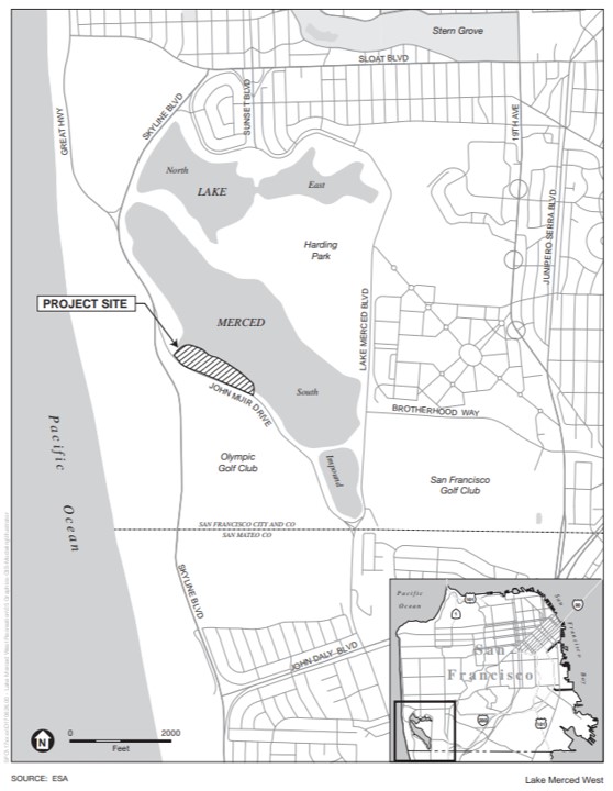 Schematic map showing location of project site at Southwest corner of Lake Merced