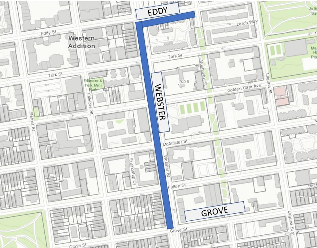 Map showing Webster Street between Grove and Eddy