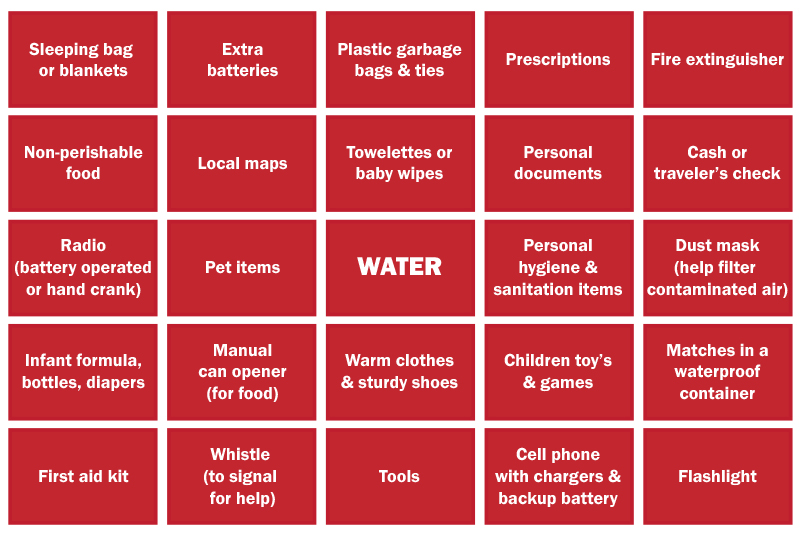 emergency prepared bingo card with text