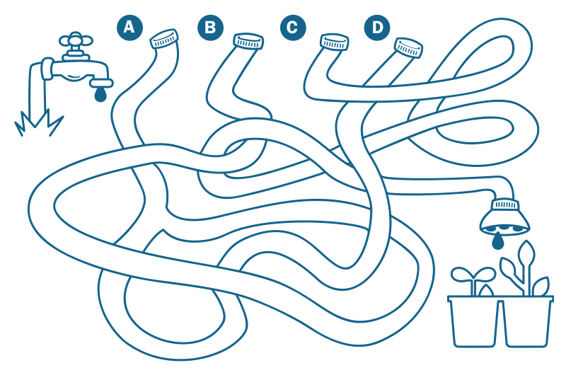 Ilustración de manguera de agua con 4 laberintos.