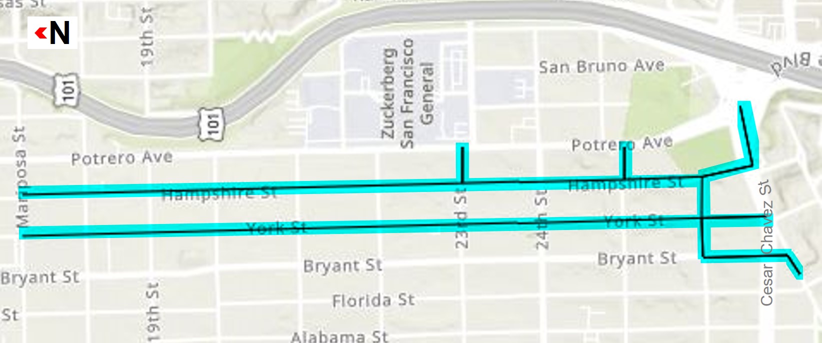 Map showing where construction will take place for the Hampshire and York streets project