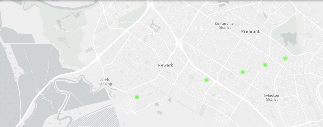 Map of sites one through five and noted areas in Fremont