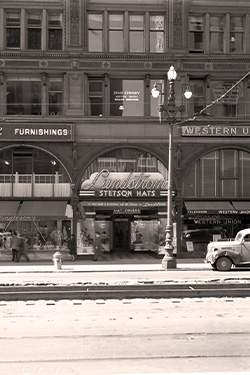 Photo from 1947: Path of Gold Light Standards – was created and installed in the early twentieth century and stretches along Market Street between Steuart and Castro Streets