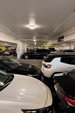 Upgraded LED lights located in rental car parking garage at SFO Airport.