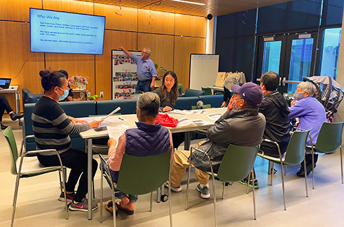 John Bidwell presenting and Pam Gee translating to Chinese customers at 735 Davis Street