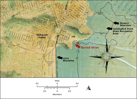 map showing the southern shoreline of San Francisco in 1915