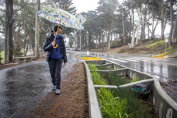 mujer con paraguas caminando por el sendero