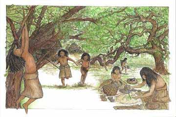 Illustration of Ohlone children playing, artist Linda Yamane 2013