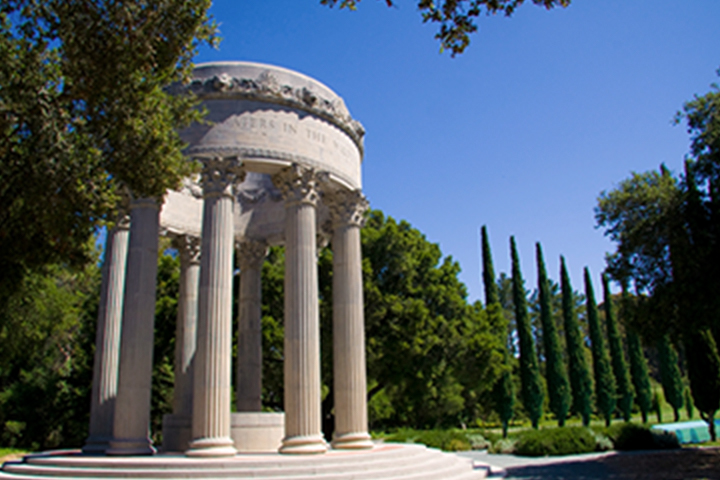 image of the water temple and trees along the pool