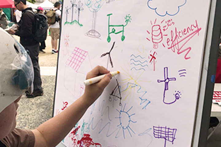 student drawing on a dry-erase board