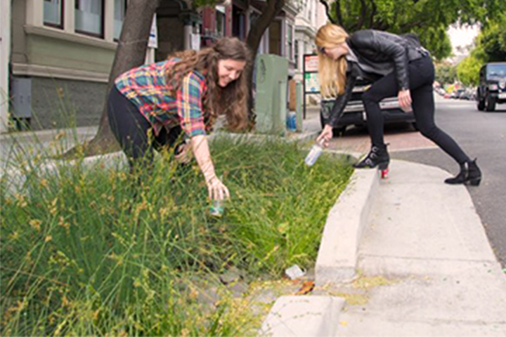 two women removing trash from a planter box