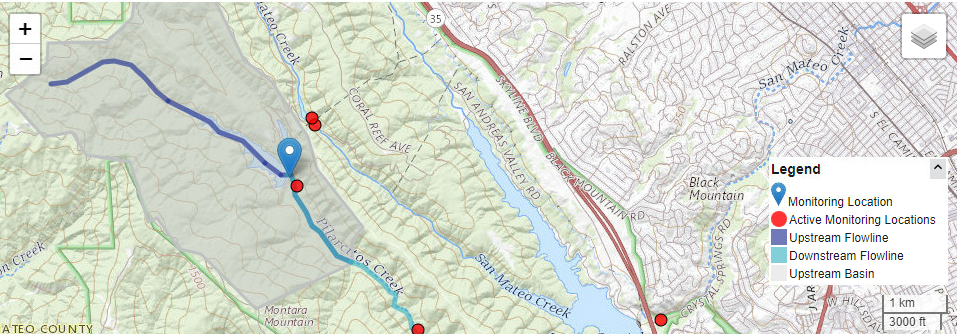 Location of water gauge on Pilarcitos Creek