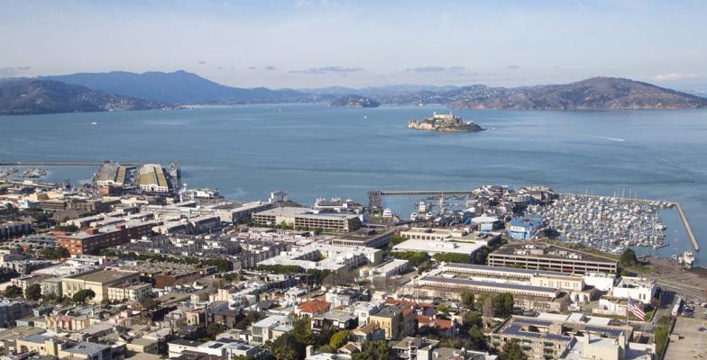 View of cityscape and Alcatraz from the North Point Wet Weather station.