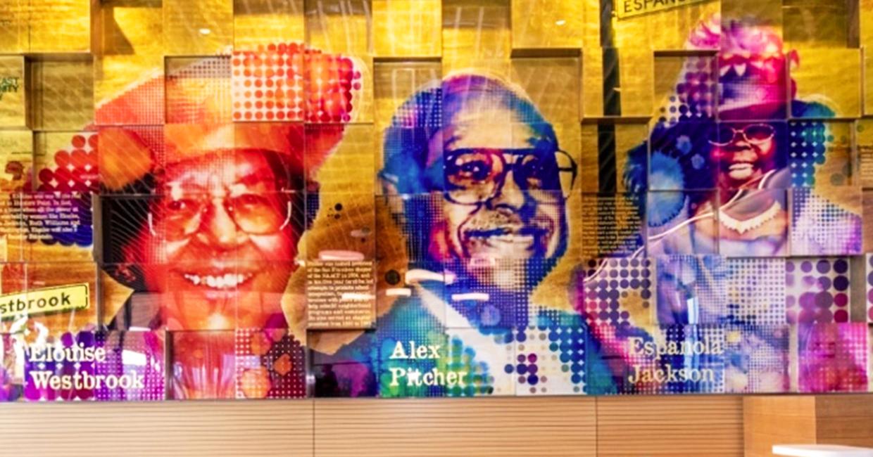 The foyer of the new Southeast Community Center at 1550 Evans Avenue includes a larger-than-life portrait of Alex Pitcher, who led “The Big 6” community activist group that advocated for the original community center.