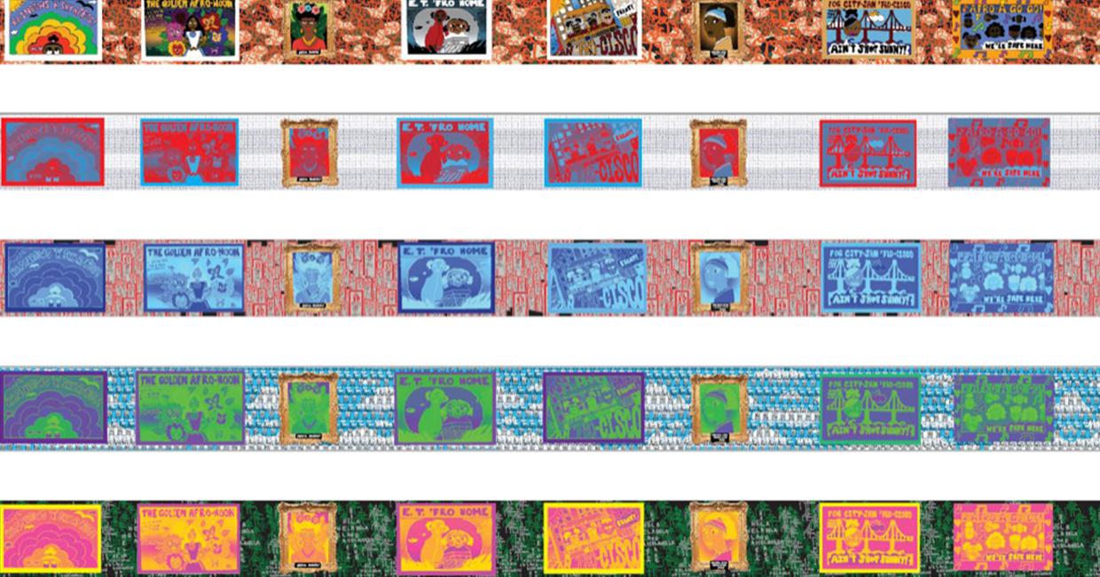 Renderings of Modalities & Motifs (2023) by Afatasi The Artist, Evans Avenue, Southeast Treatment Plant construction fence. 