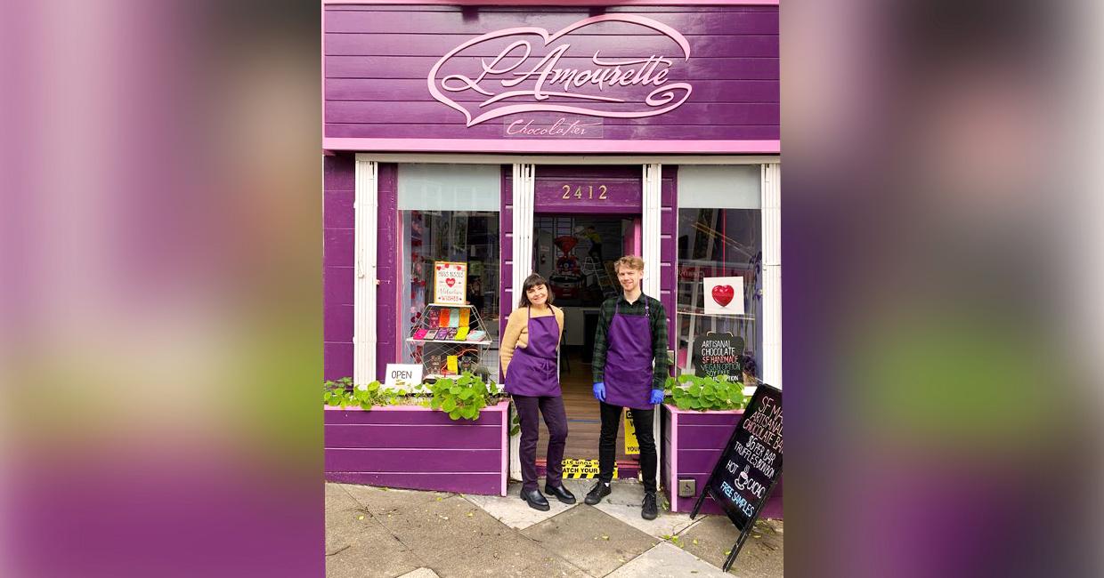 Co-owner Roxanne and Michael in front of L’Amourette Chocolat’s brick and mortar 