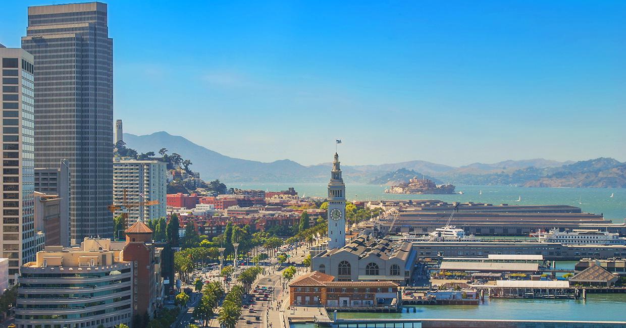 San Francisco skyline with Ferry Building and Embarcadero