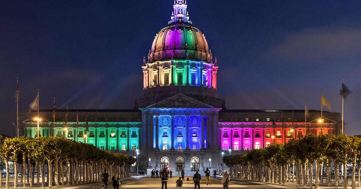 San Francisco City Hall in rainbow Pride colors