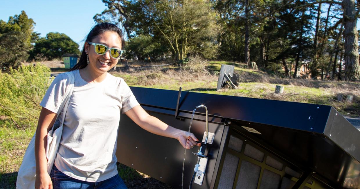 The SFPUC recently completed a pilot project in San Francisco that tested atmospheric water generation. Taylor is demonstrating how water captured from the air can be used for irrigation.