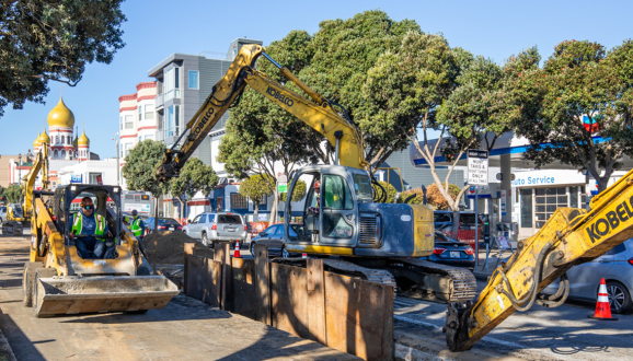 Construction workers along Geary Boulevard in the Richmond District