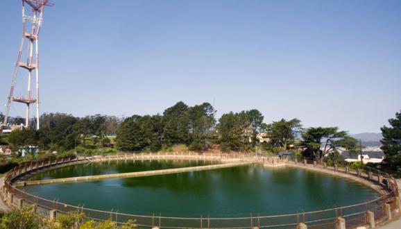 San Francisco reservoir with Sutro Tower behind it.