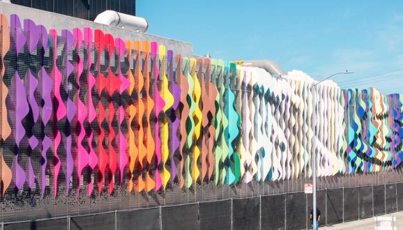 Aerial drone view of art wall titled "Whorl Whirl: Our Circular Nature" by the noted artist, Norie Sato,