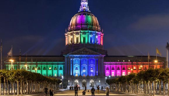 San Francisco City Hall in rainbow Pride colors