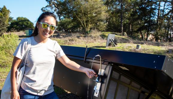 The SFPUC recently completed a pilot project in San Francisco that tested atmospheric water generation. Taylor is demonstrating how water captured from the air can be used for irrigation.