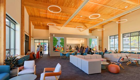 The lobby of Sunnydale HOPE SF's The Hub. Photo via LMS Architecture